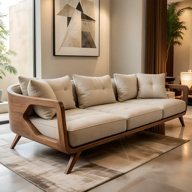 Handcrafted Solid Wood Cotton Sofa – Rustic Modern Seating - Rustirawood 