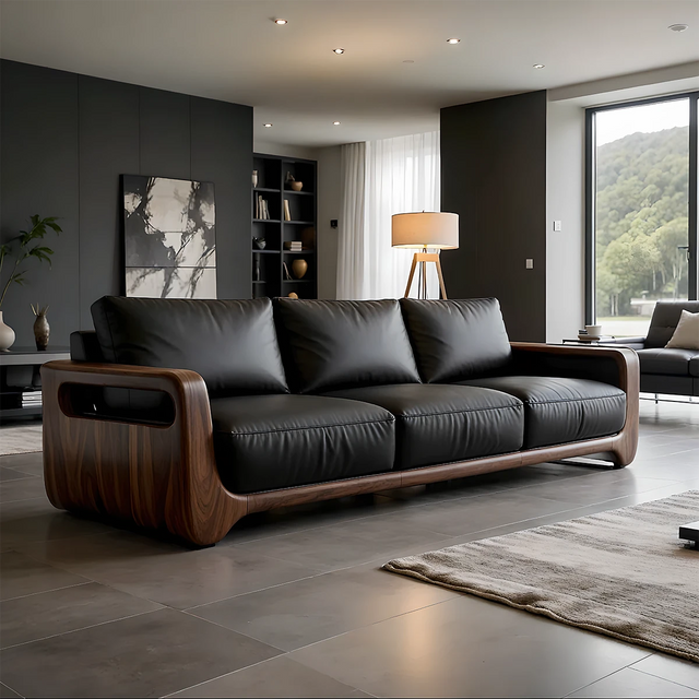 Handcrafted Solid Wood Leather Sofa – Modern Minimalist Design - Rustirawood 