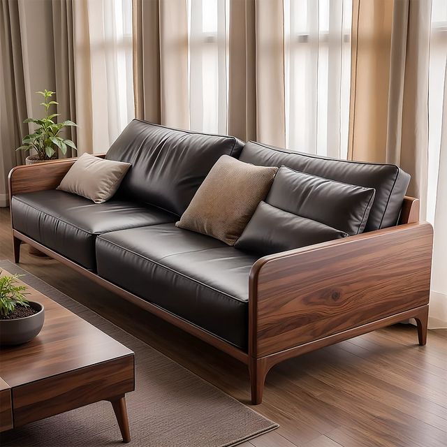 Handcrafted Solid Wood Leather Sofa – Premium Modern Design - Rustirawood 