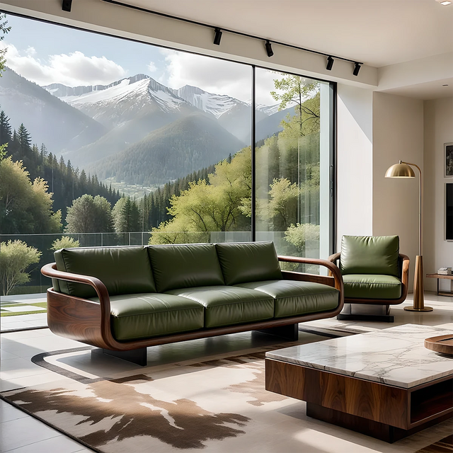 Handcrafted Solid Wood Leather Sofa – Rustic Natural Wood Finish - Rustirawood 