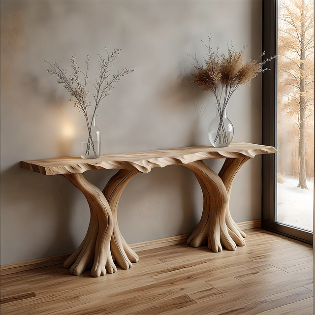 Handcrafted Solid Wood Triple-Root Sculptural Console Table - Rustirawood 