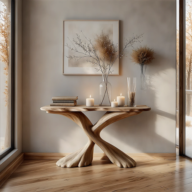 Handcrafted Solid Wood Twisted Sculptural Console – Japandi Art Form - Rustirawood 