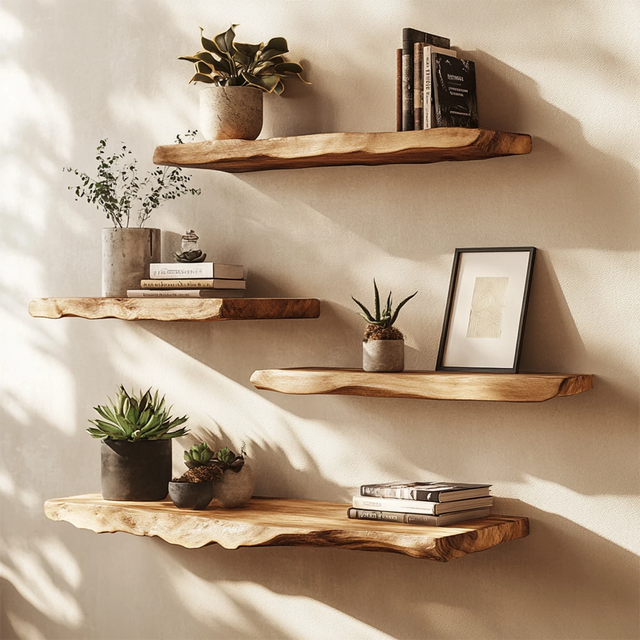 Live-Edge Floating Solid Wood Shelf – Japandi Minimalist Accent - Rustirawood 