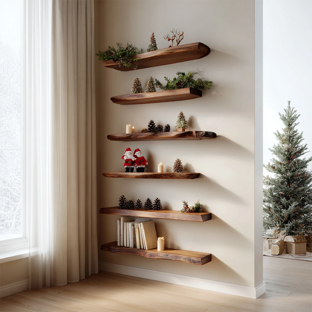 Live Edge Multi-Tier Solid Wood Floating Shelves - Rustirawood 