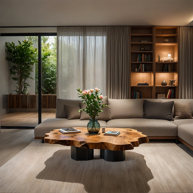 Live-Edge Natural Solid Wood Coffee Table – Sculptural Flower-Form Slab - Rustirawood 