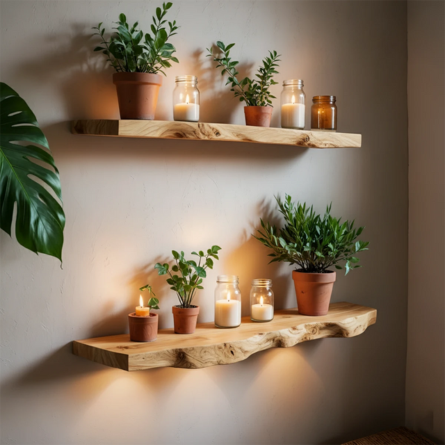 Live Edge Natural Solid Wood Floating Shelf - Rustirawood 