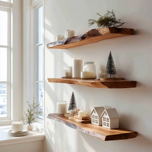 Live Edge Natural Solid Wood Floating Shelves – Minimal Winter Display - Rustirawood 