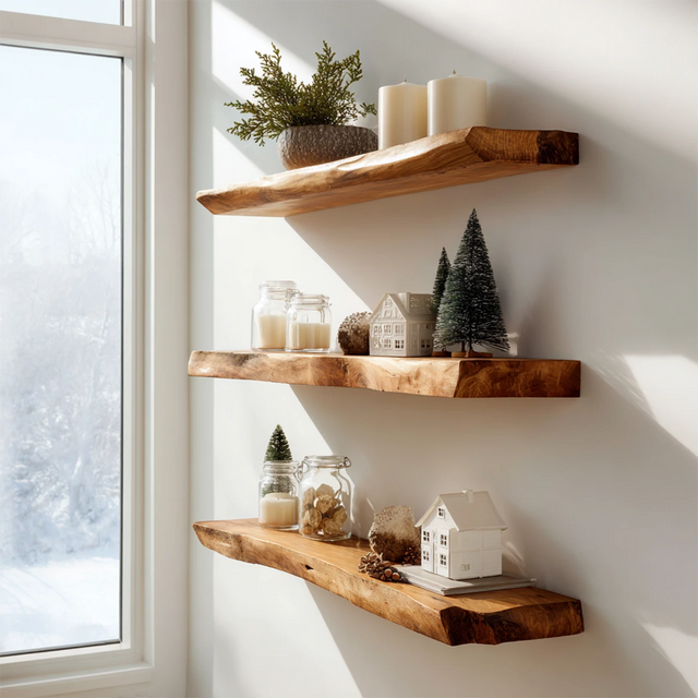 Live Edge Natural Solid Wood Floating Shelves - Rustirawood 