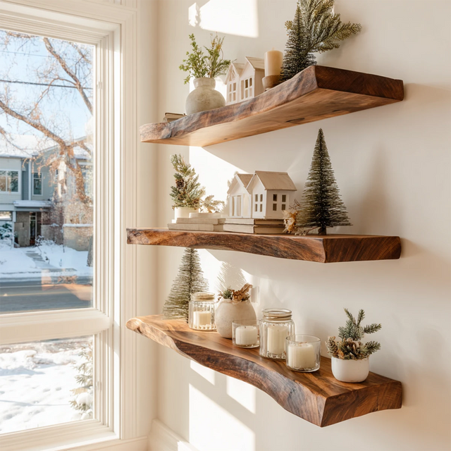 Live Edge Natural Solid Wood Floating Shelves - Rustirawood 