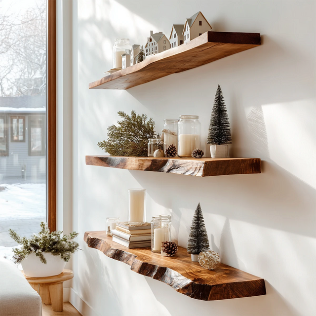 Live Edge Natural Solid Wood Floating Shelves – Snowlight Edition - Rustirawood 