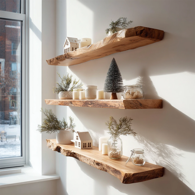 Live Edge Natural Solid Wood Floating Shelves – Warm Winter Light Edition - Rustirawood 