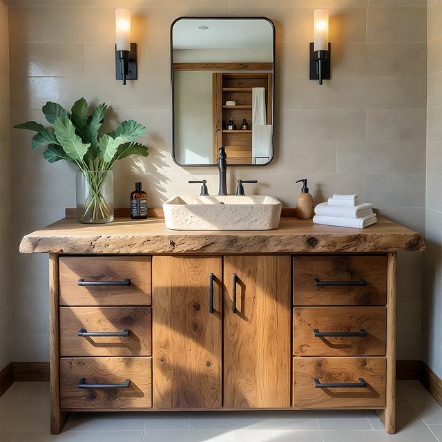 Live Edge Solid Wood Bathroom Vanity – Rustic Wabi-Sabi Cabinet - Rustirawood 