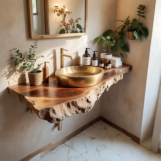 Live Edge Solid Wood Bathroom Vanity Shelf | Natural Design - Rustirawood 