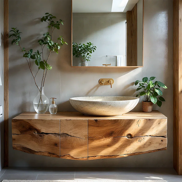 Live Edge Solid Wood Floating Vanity with Stone Basin - Rustirawood 