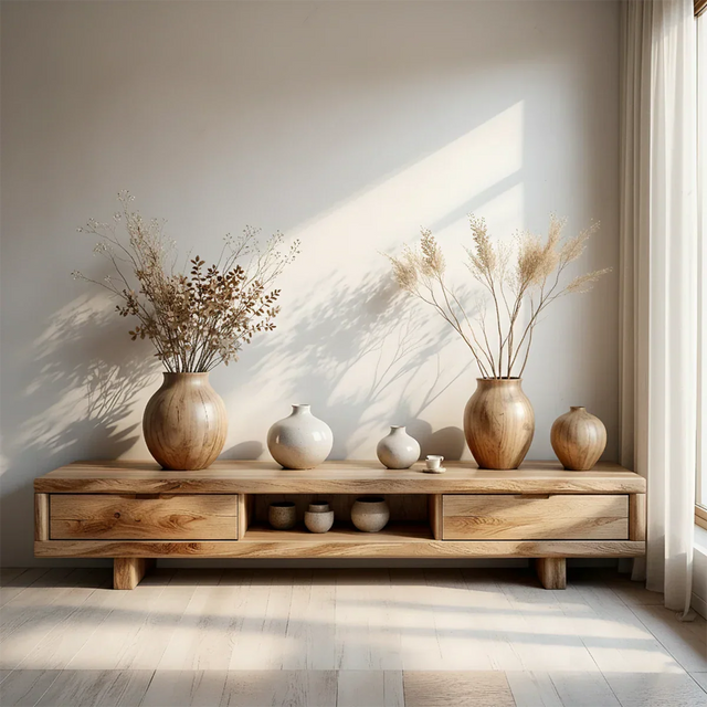 Low Solid Wood Japandi TV Stand – Minimal Zen Media Console - Rustirawood 