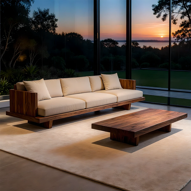 Modern Low-Profile Cotton Sofa with Solid Wood Base - Rustirawood 