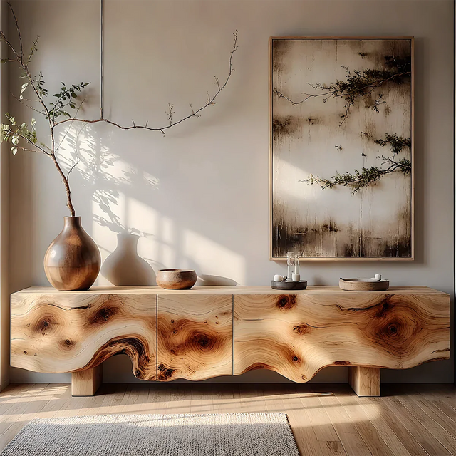 Natural Burl Flow Solid Wood TV Console – Wabi Sabi Organic Design - Rustirawood 