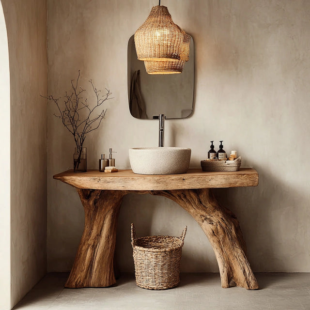 Natural Solid Wood Bathroom Vanity with Sculpted Root Base - Rustirawood 