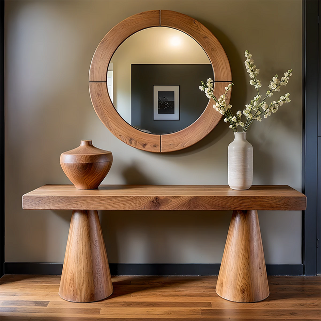 Natural Solid Wood Console with Tapered Sculptural Bases – Modern Japandi - Rustirawood 