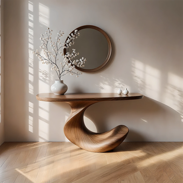 Natural Solid Wood Curved Sculptural Console in Modern Flow Design - Rustirawood 