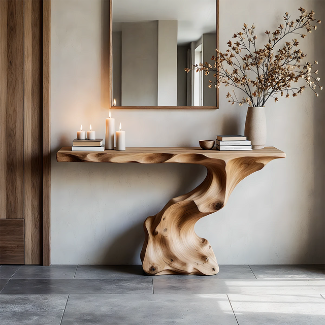 Natural Solid Wood Flowing Sculptural Console in Modern Rustic Style - Rustirawood 