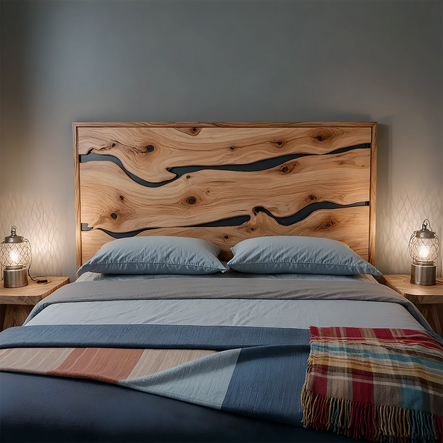 Natural Solid Wood Headboard — Handcrafted Live-Edge Wave Design - Rustirawood 
