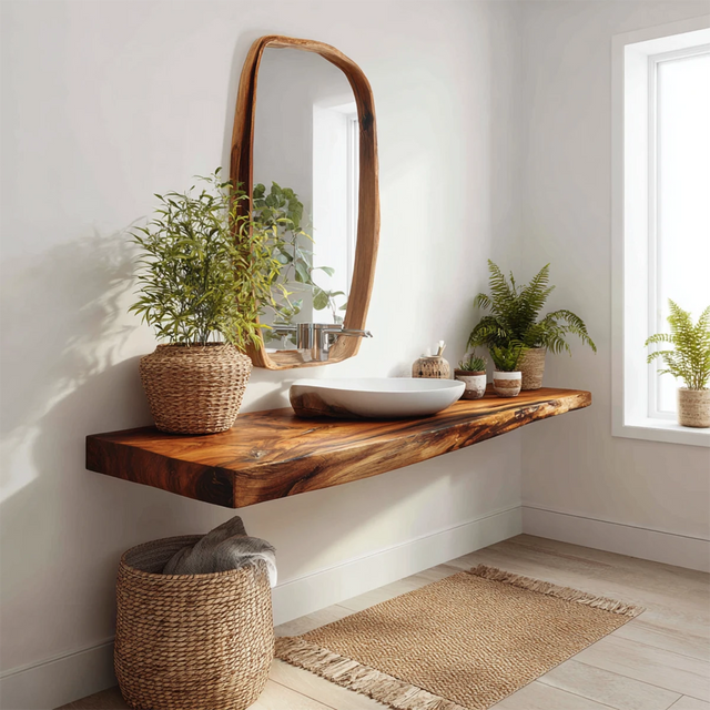 Natural Solid Wood Japandi Floating Vanity Shelf - Rustirawood 