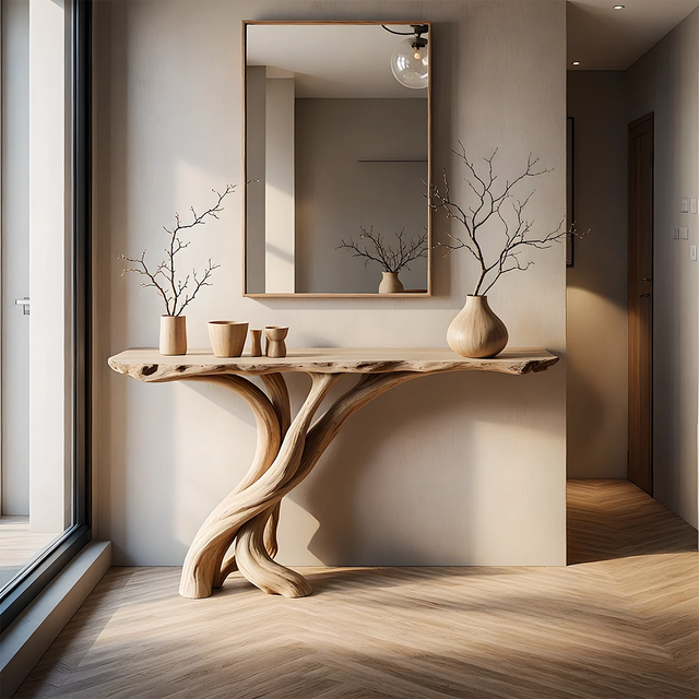 Natural Solid Wood Japandi Twisted-Root Console Table - Rustirawood 