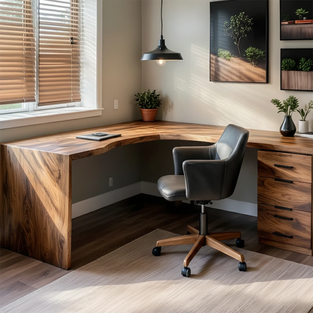 Natural Solid Wood L-Shape Desk with Integrated Storage - Rustirawood 