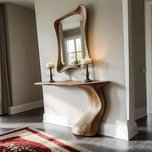 Natural Solid Wood Sculptural Console Table in Modern Wabi-Sabi Form - Rustirawood 