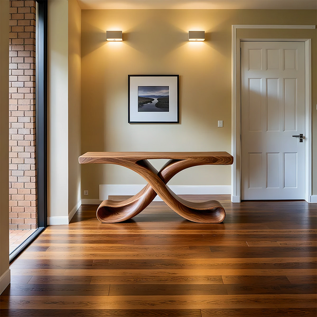 Natural Solid Wood Sculptural Console with Flowing Curved Base – Modern Japandi - Rustirawood 
