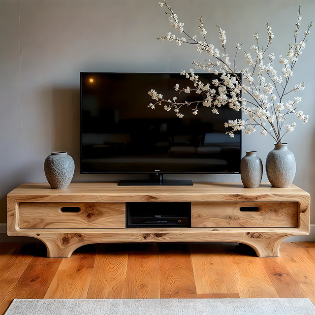 Natural Solid Wood TV Stand – Sculptural Minimalist Media Console - Rustirawood 