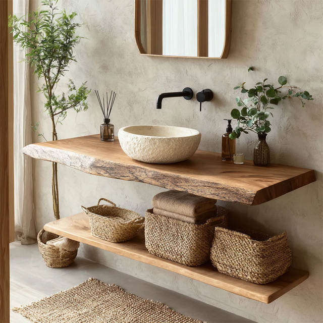 Natural Solid Wood Wabi-Sabi Floating Bathroom Vanity Shelf - Rustirawood 