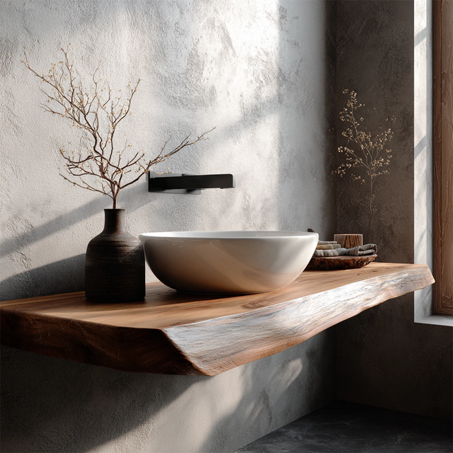 Natural Solid Wood Wabi-Sabi Floating Bathroom Vanity Shelf - Rustirawood 