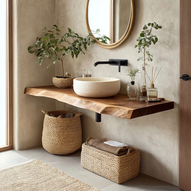 Natural Solid Wood Wabi-Sabi Floating Vanity Shelf - Rustirawood 