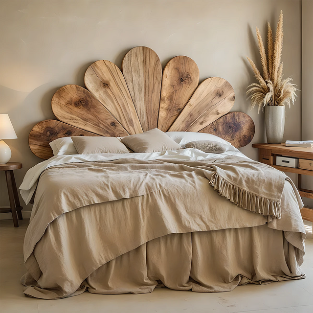 Petal Bloom Solid Wood Headboard – Natural Sculptural Bedroom Accent - Rustirawood 