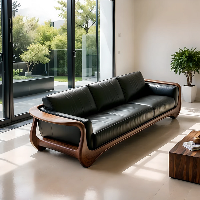 Premium Leather & Natural Solid Wood Sofa – Sculpted Modern Form - Rustirawood 