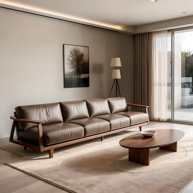 Premium Leather Sofa – Solid Wood Frame, Modern Minimalist Design - Rustirawood 