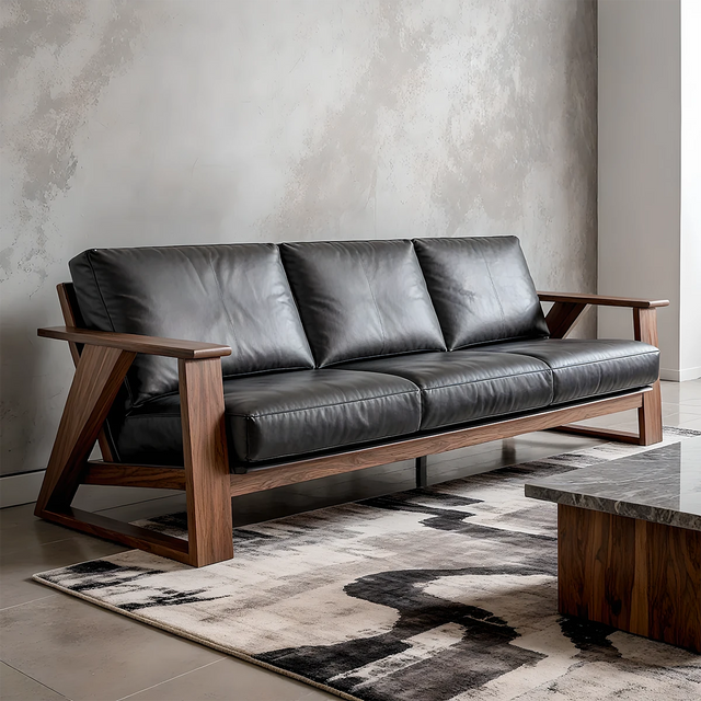 Premium Leather Sofa with Modern Z-Frame in Natural Solid Wood - Rustirawood 