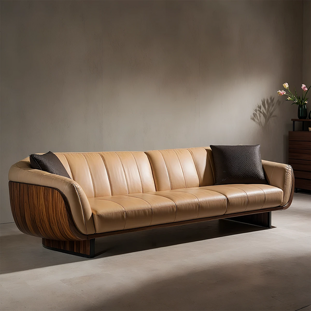 Premium Solid Wood Leather Sofa – Modern Sculptural Design - Rustirawood 