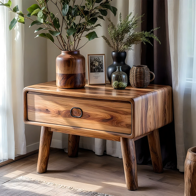 Rounded Solid Wood Nightstand – Minimalist Single-Drawer Design - Rustirawood 