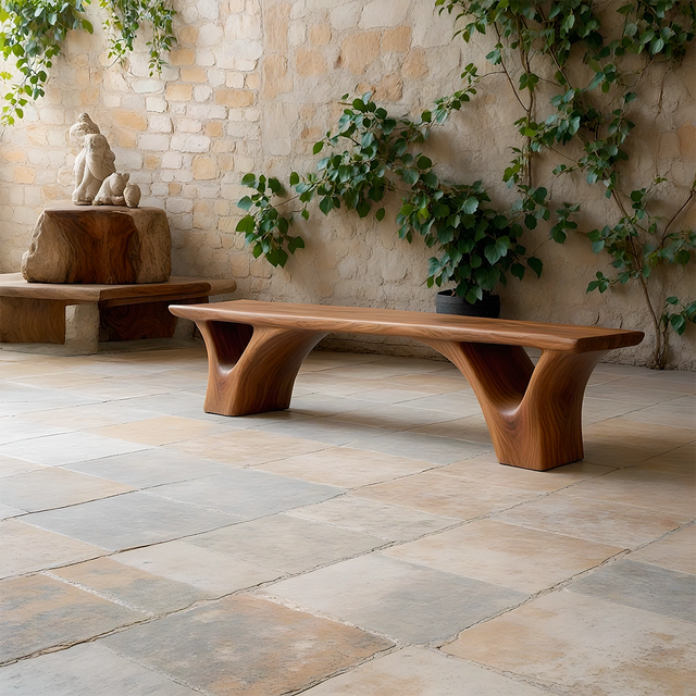 Sculpted Arch-Base Solid Wood Bench – Modern Fluid Silhouette - Rustirawood 