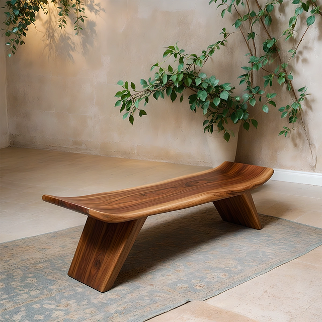 Sculpted Low-Profile Bench in Natural Solid Wood – Curved Edge Form - Rustirawood 