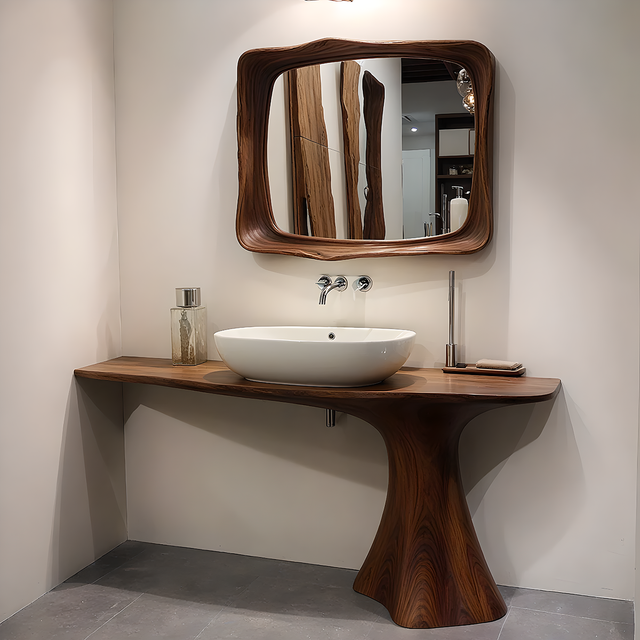 Sculpted Solid Wood Bathroom Vanity With Modern Curved Base - Rustirawood 