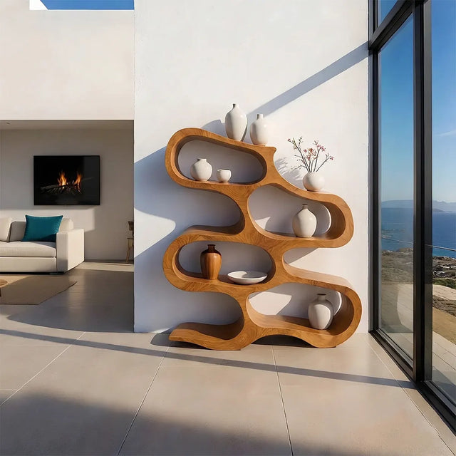 Sculpted Solid Wood Bookshelf – Flowing Wave Edition - Rustirawood 