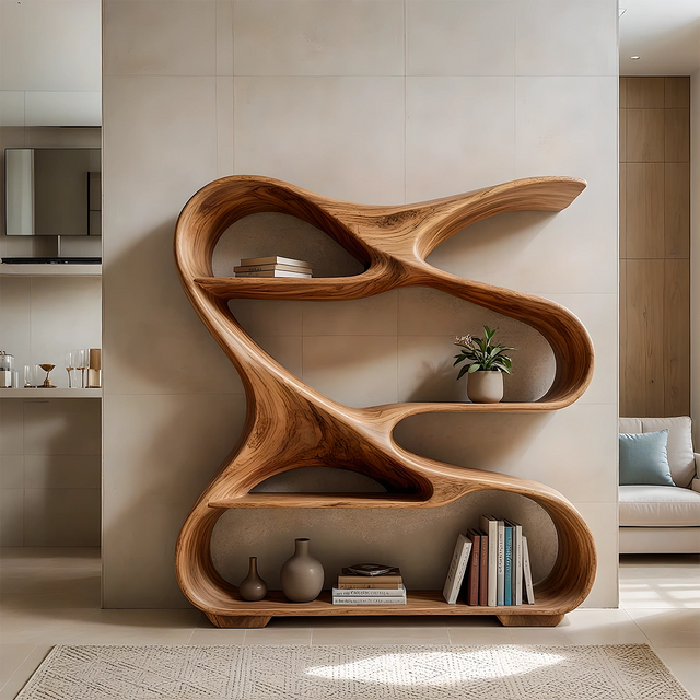 Sculpted Solid Wood Bookshelf – Rustic Flow Edition - Rustirawood 