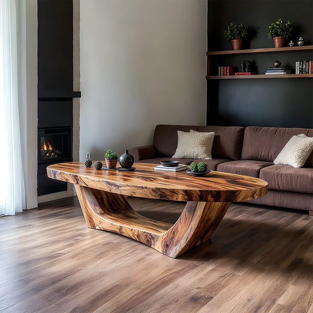 Sculpted Solid Wood Coffee Table – Modern Curved Base Design - Rustirawood 