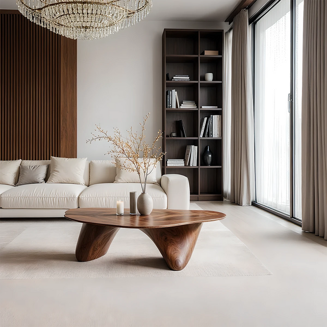 Sculpted Solid Wood Coffee Table – Soft Curved Base & Minimalist Form - Rustirawood 