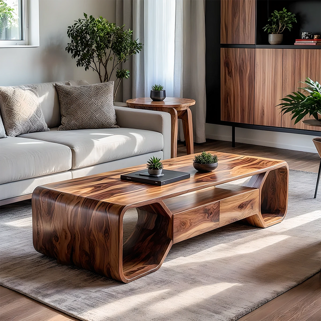 Sculpted Solid Wood Coffee Table With Storage – Modern Curved Form - Rustirawood 