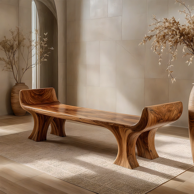 Sculpted Wing-End Bench in Natural Solid Wood - Rustirawood 